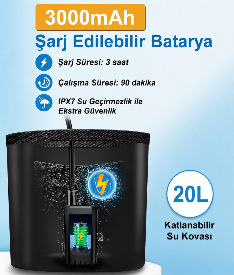 Valkyrie Şarjlı Kamp Duşu 6000mAh Dijital Göstergeli Taşınabilir Duş Seti 20L Katlanabilir Kova IPX7