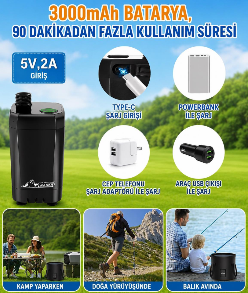 Valkyrie Şarjlı Kamp Duşu 6000mAh Dijital Göstergeli Taşınabilir Duş Seti 20L Katlanabilir Kova IPX7