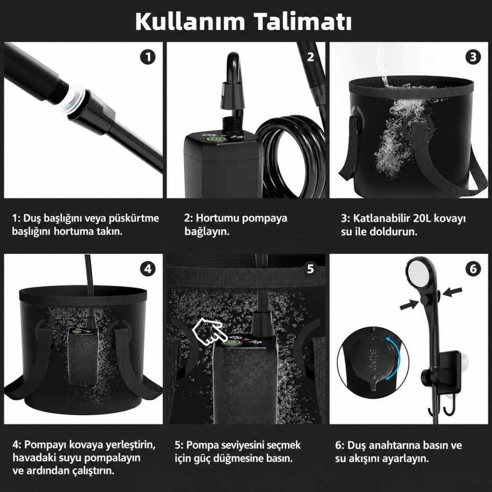 Valkyrie Şarjlı Kamp Duşu 6000mAh Dijital Göstergeli Taşınabilir Duş Seti 20L Katlanabilir Kova IPX7