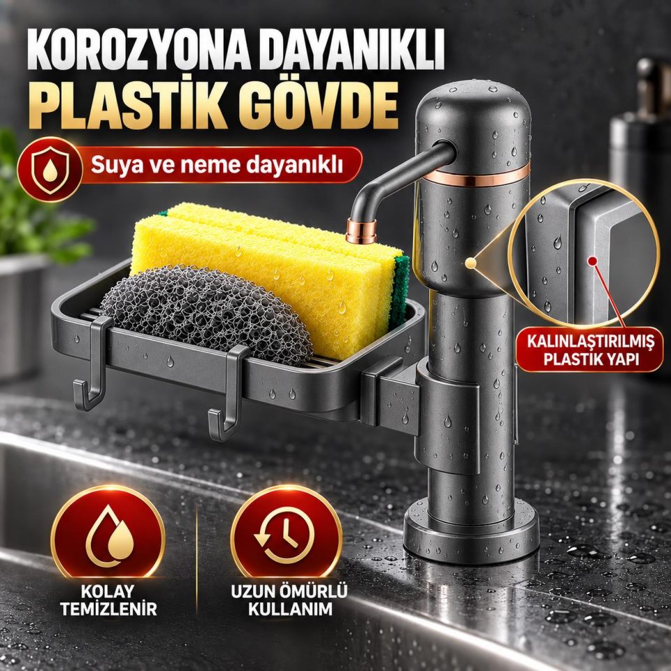 Valkyrie 2’si 1 Arada Siyah Mutfak Sıvı Sabunluk ve Süngerlik Seti Tezgah Üst Pompalı Dispenser 360°
