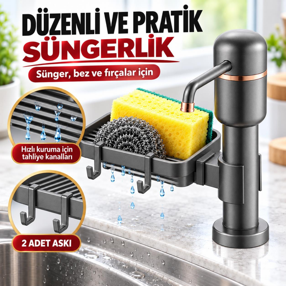Valkyrie 2’si 1 Arada Siyah Mutfak Sıvı Sabunluk ve Süngerlik Seti Tezgah Üst Pompalı Dispenser 360°
