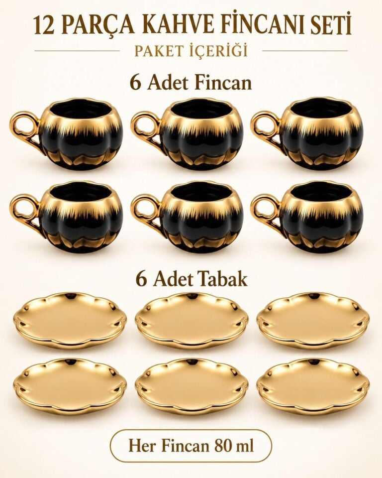 Valkyrie 6 Kişilik Siyah Gold Balkabağı Model Türk Kahvesi Fincan Takımı 12 Parça 80 ml Çeyizlik Siyah
