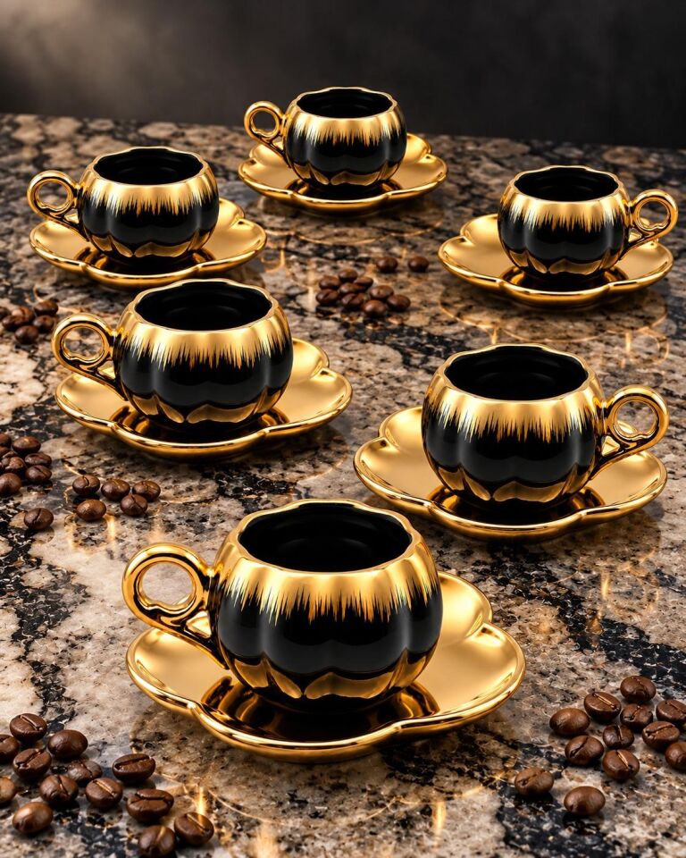 Valkyrie 6 Kişilik Siyah Gold Balkabağı Model Türk Kahvesi Fincan Takımı 12 Parça 80 ml Çeyizlik Siyah