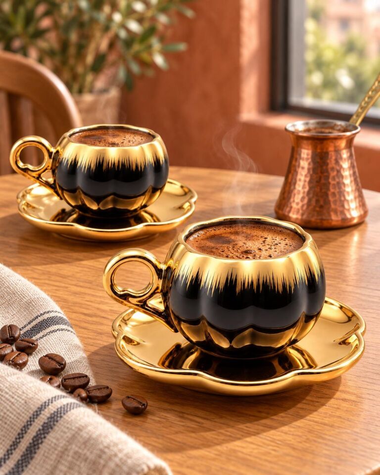 Valkyrie 6 Kişilik Siyah Gold Balkabağı Model Türk Kahvesi Fincan Takımı 12 Parça 80 ml Çeyizlik Siyah