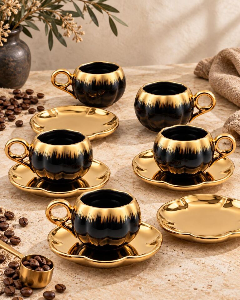 Valkyrie 6 Kişilik Siyah Gold Balkabağı Model Türk Kahvesi Fincan Takımı 12 Parça 80 ml Çeyizlik Siyah