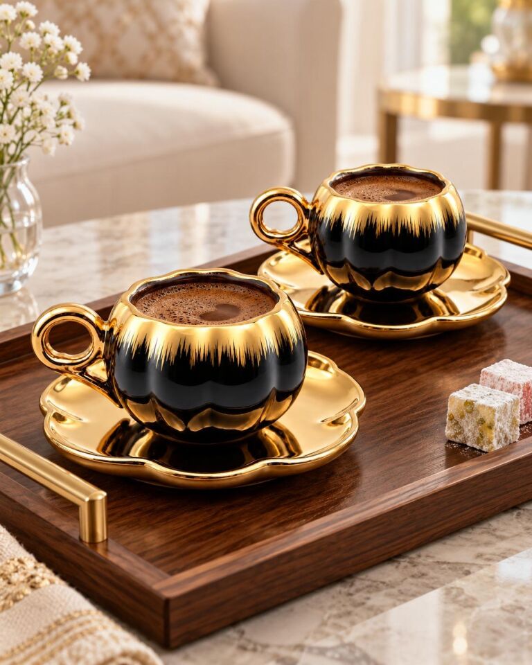 Valkyrie 6 Kişilik Siyah Gold Balkabağı Model Türk Kahvesi Fincan Takımı 12 Parça 80 ml Çeyizlik Siyah