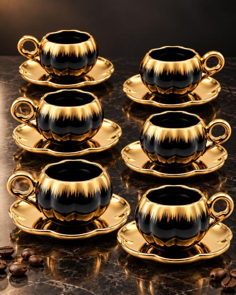 Valkyrie 6 Kişilik Siyah Gold Balkabağı Model Türk Kahvesi Fincan Takımı 12 Parça 80 ml Çeyizlik Siyah