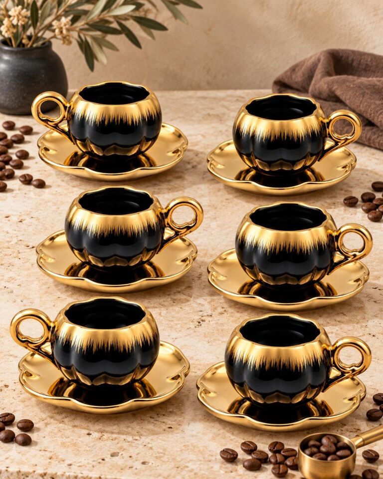 Valkyrie 6 Kişilik Siyah Gold Balkabağı Model Türk Kahvesi Fincan Takımı 12 Parça 80 ml Çeyizlik Siyah