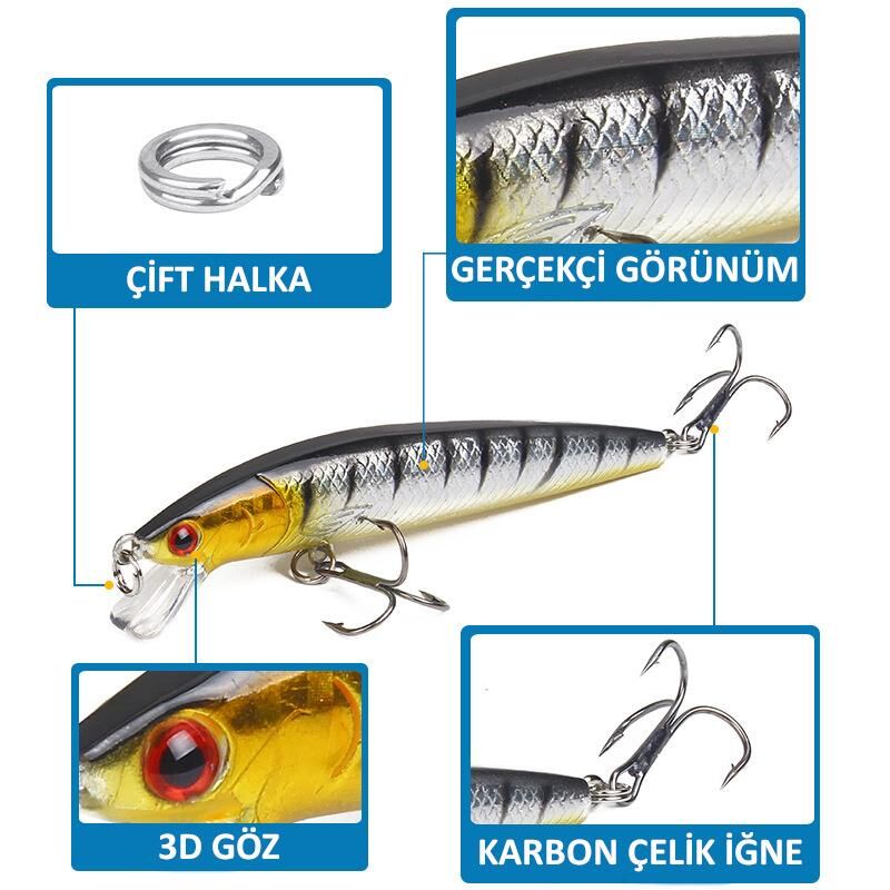 Valkyrie 10 Adet 10cm 9gr Minnow Sahte Olta Yem Seti Rapala 1m Derinlik 10 Farklı Renk Karbon Çelik İğne