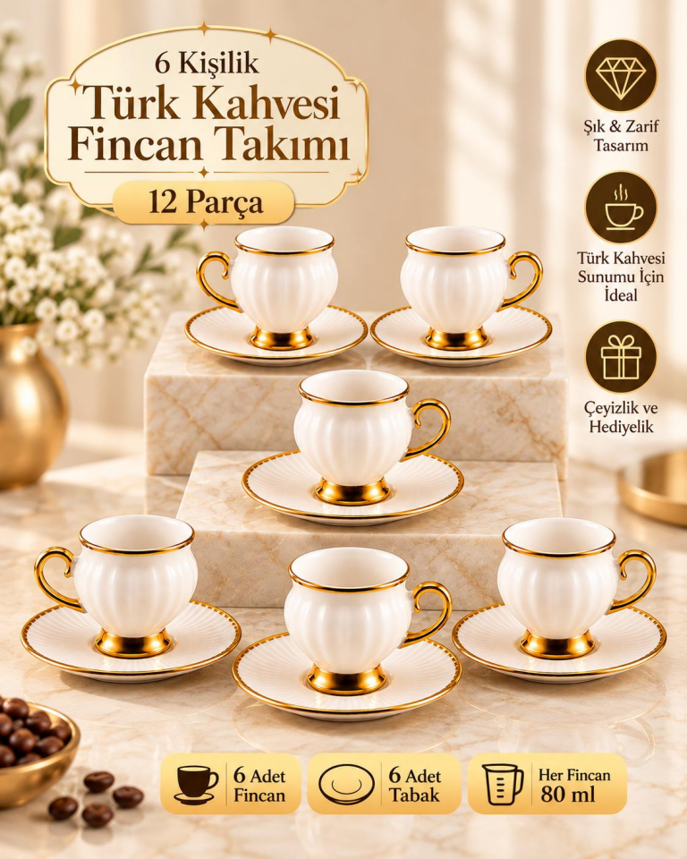 Valkyrie 6 Kişilik Beyaz Gold Türk Kahvesi Fincan Takımı 12 Parça Hediyelik Çeyizlik Fincan Set