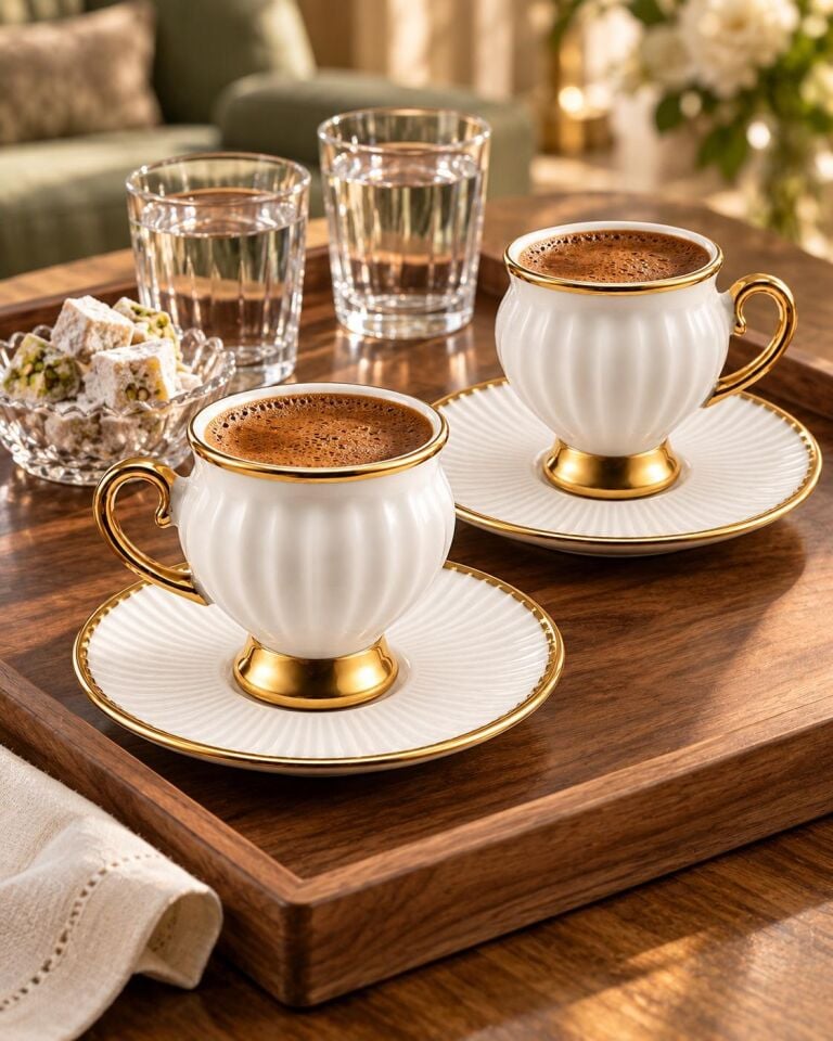Valkyrie 6 Kişilik Beyaz Gold Türk Kahvesi Fincan Takımı 12 Parça Hediyelik Çeyizlik Fincan Set