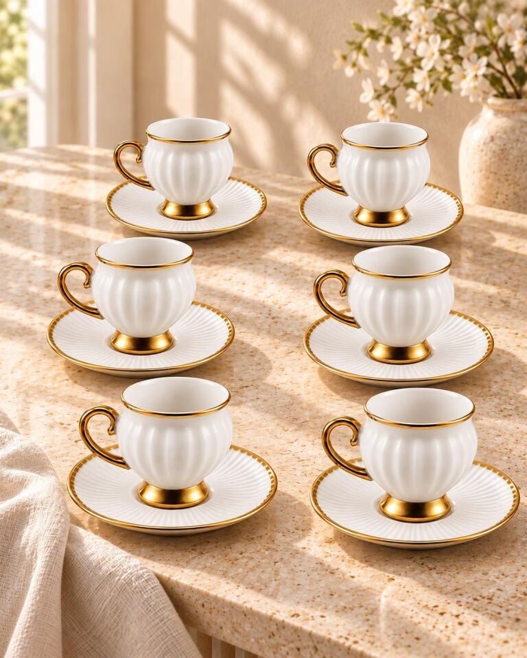 Valkyrie 6 Kişilik Beyaz Gold Türk Kahvesi Fincan Takımı 12 Parça Hediyelik Çeyizlik Fincan Set