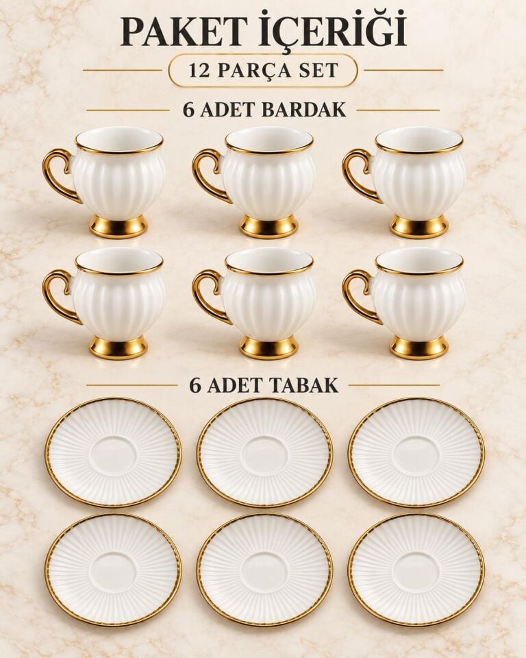 Valkyrie 6 Kişilik Beyaz Gold Türk Kahvesi Fincan Takımı 12 Parça Hediyelik Çeyizlik Fincan Set