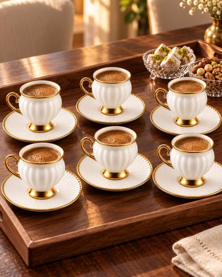 Valkyrie 6 Kişilik Beyaz Gold Türk Kahvesi Fincan Takımı 12 Parça Hediyelik Çeyizlik Fincan Set