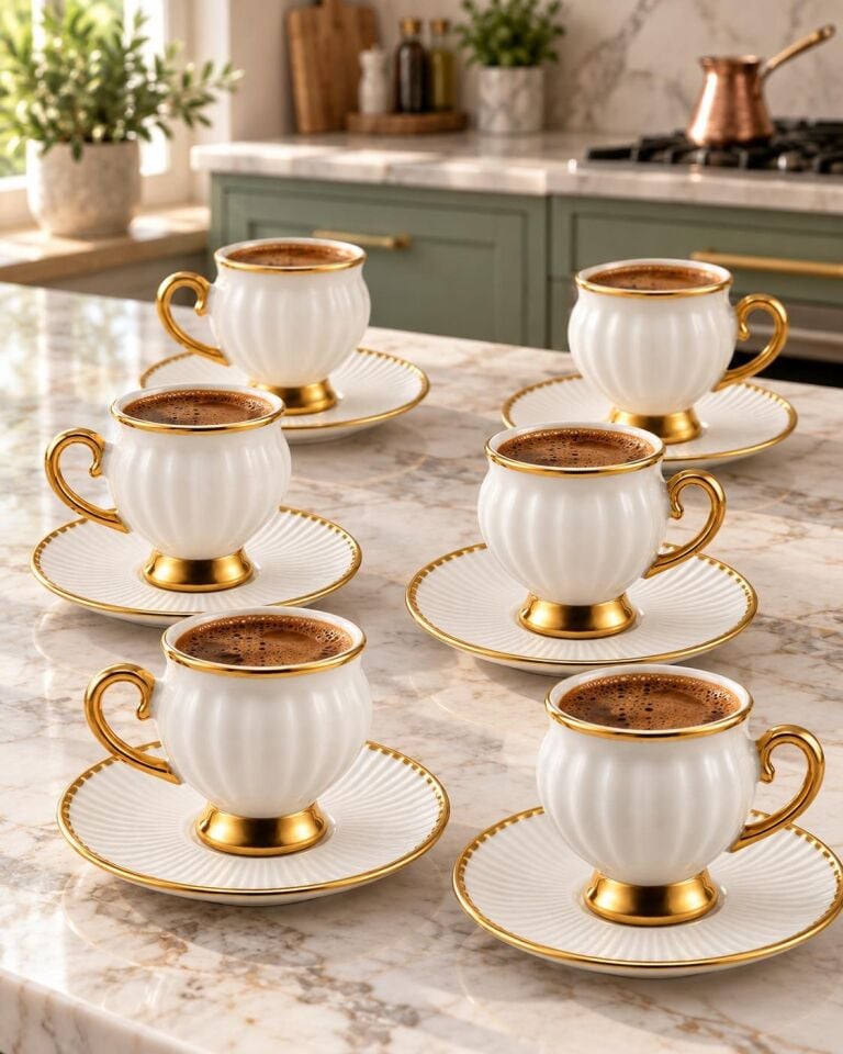 Valkyrie 6 Kişilik Beyaz Gold Türk Kahvesi Fincan Takımı 12 Parça Hediyelik Çeyizlik Fincan Set