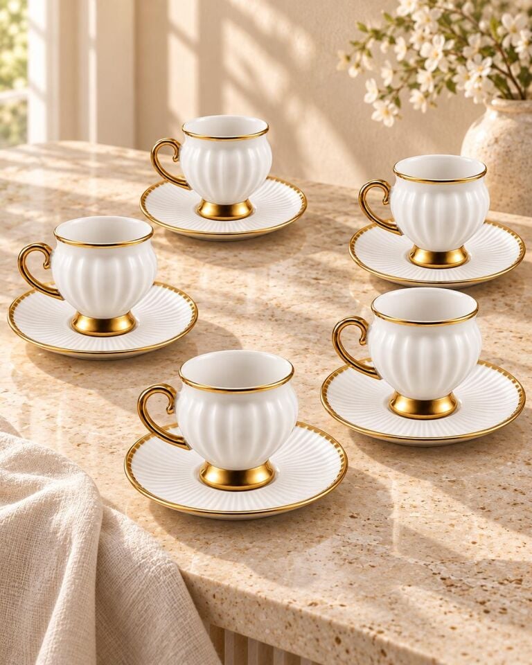Valkyrie 6 Kişilik Beyaz Gold Türk Kahvesi Fincan Takımı 12 Parça Hediyelik Çeyizlik Fincan Set
