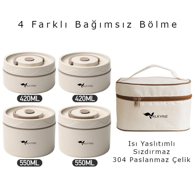Valkyrie 4 Gözlü Paslanmaz Çelik Isı Yalıtımlı Yemek Kabı Seti Çantalı 304 Steel 2x 420ml + 2x 550ml