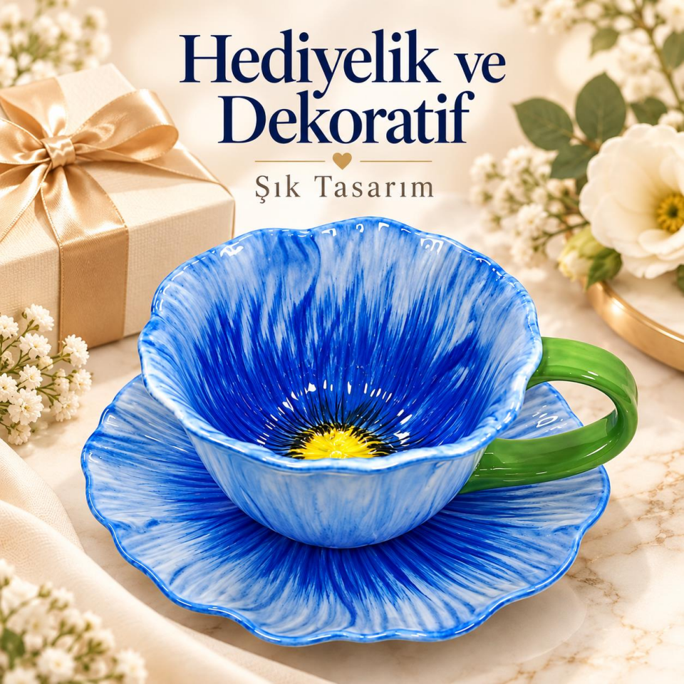Valkyrie Gelincik Serisi Çiçek Tasarımlı Fincan ve Tabak Seti 350 ml Dekoratif Kahve Çay Fincanı Mavi
