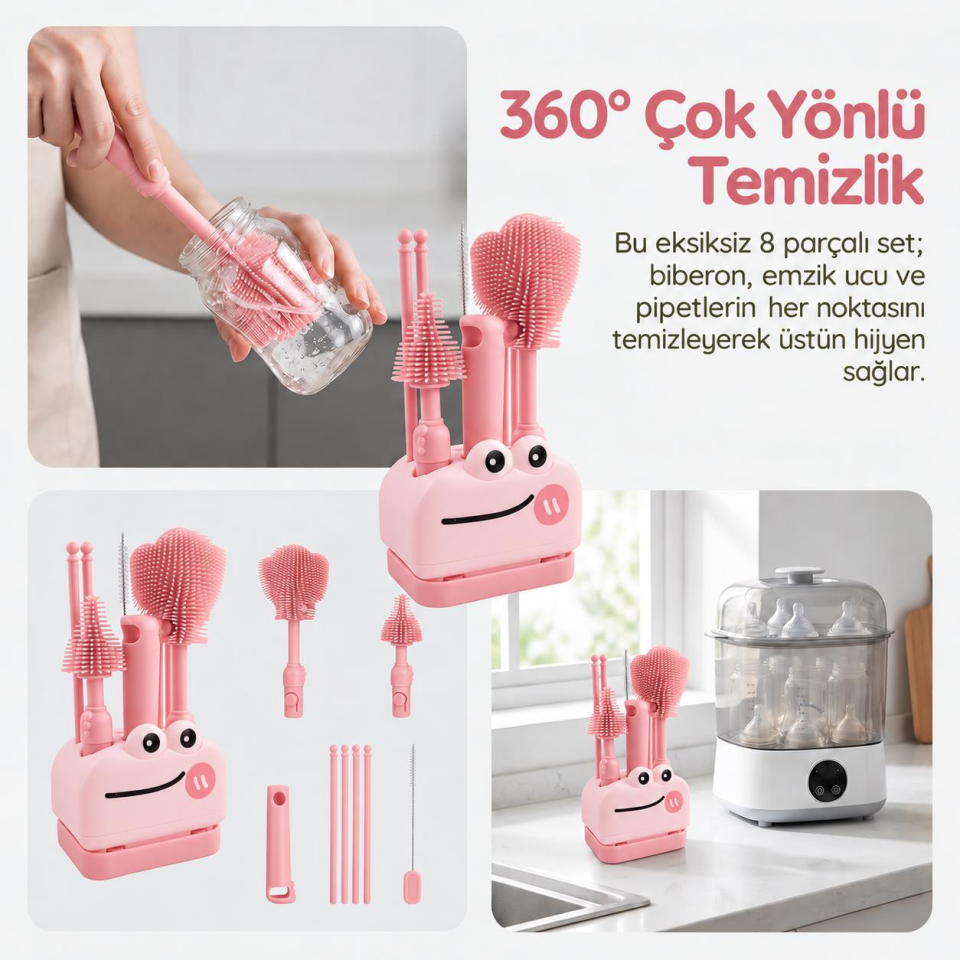 Valkyrie 8 Parça Silikon Biberon Temizleme Fırça Seti Kurutma Standlı Emzik Pipet Şişe Pembe