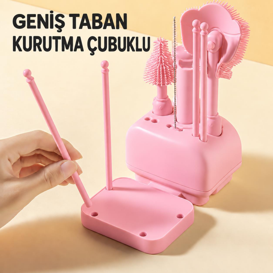 Valkyrie 8 Parça Silikon Biberon Temizleme Fırça Seti Kurutma Standlı Emzik Pipet Şişe Pembe