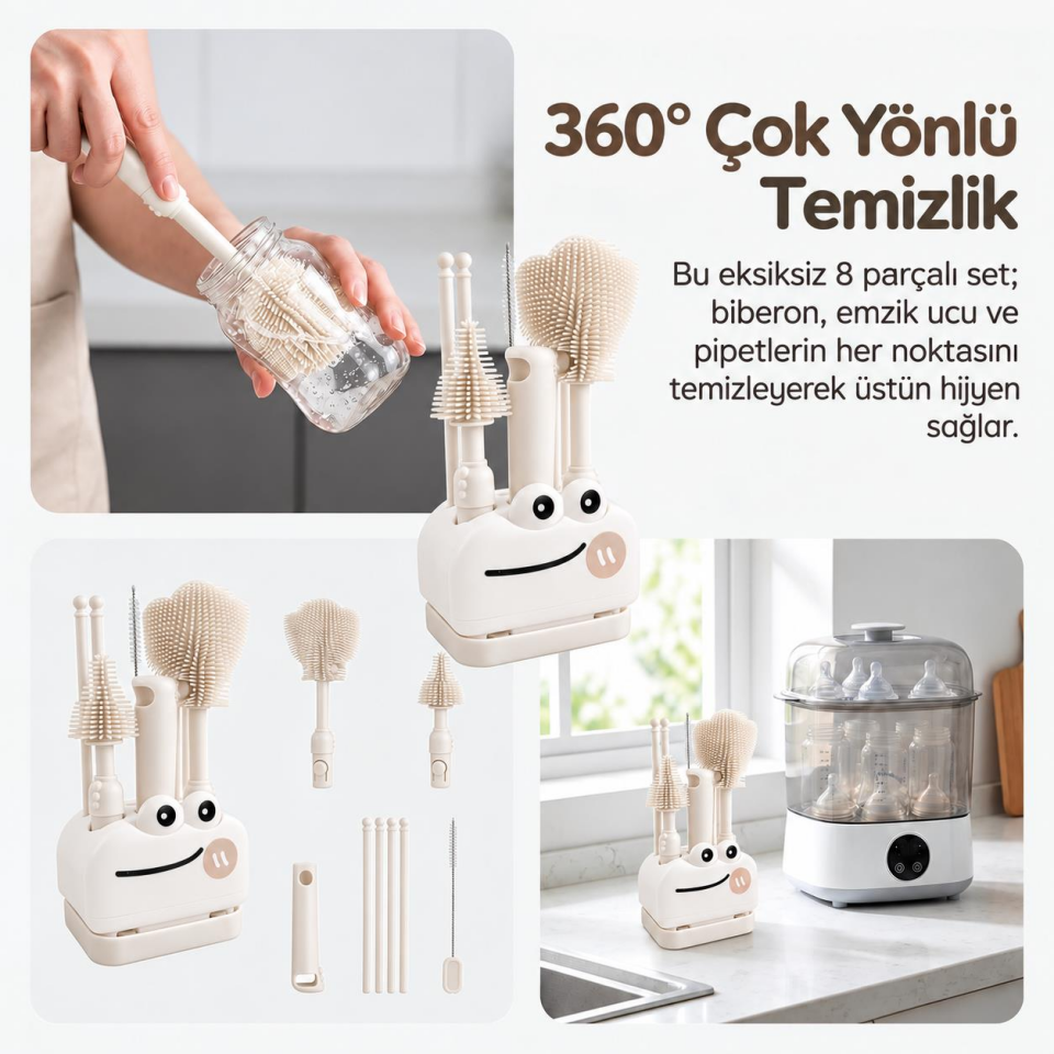 Valkyrie 8 Parça Silikon Biberon Temizleme Fırça Seti Kurutma Standlı Emzik Pipet Şişe Beyaz