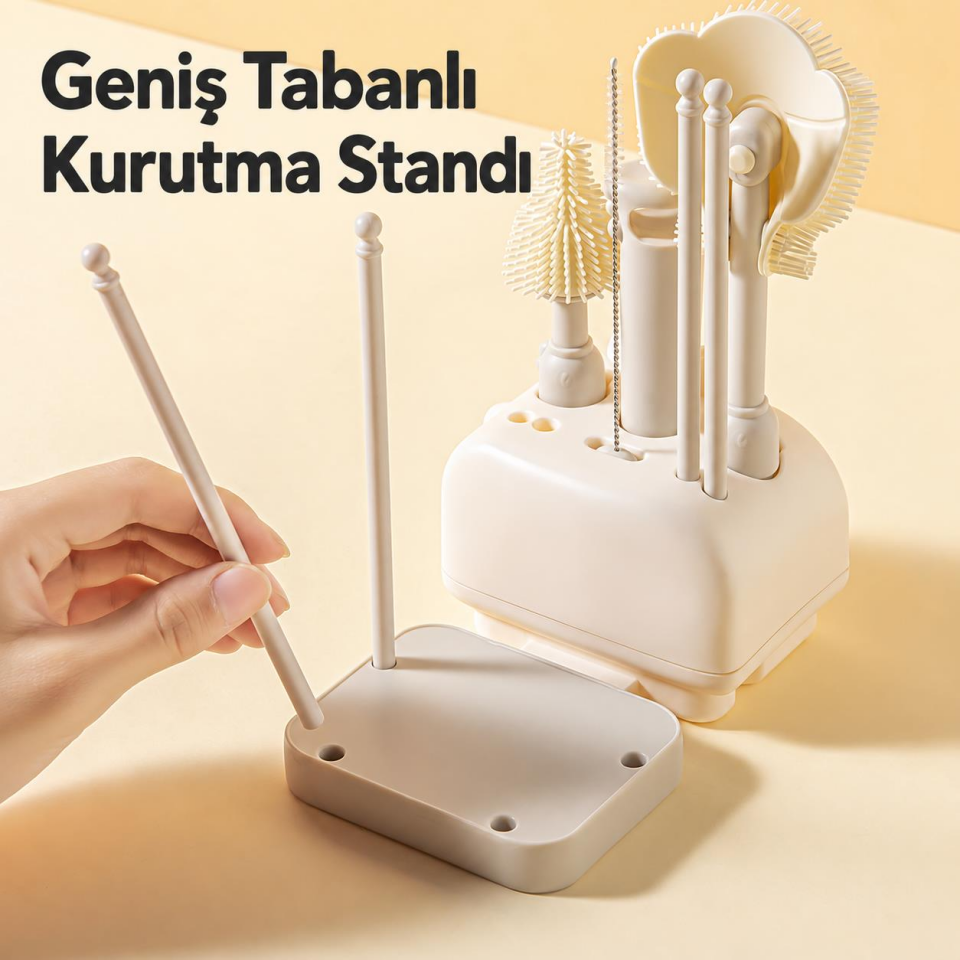 Valkyrie 8 Parça Silikon Biberon Temizleme Fırça Seti Kurutma Standlı Emzik Pipet Şişe Beyaz