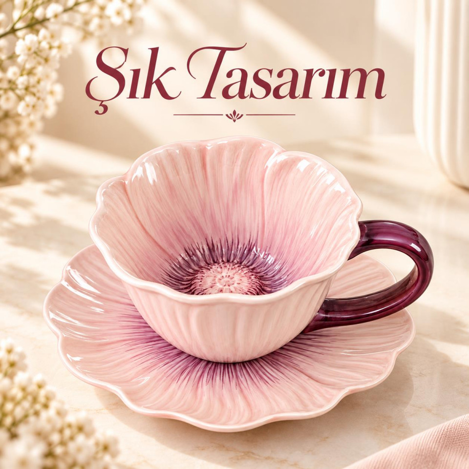 Valkyrie Gelincik Serisi Çiçek Tasarımlı Fincan ve Tabak Seti 350 ml Dekoratif Kahve Çay Fincanı pmb