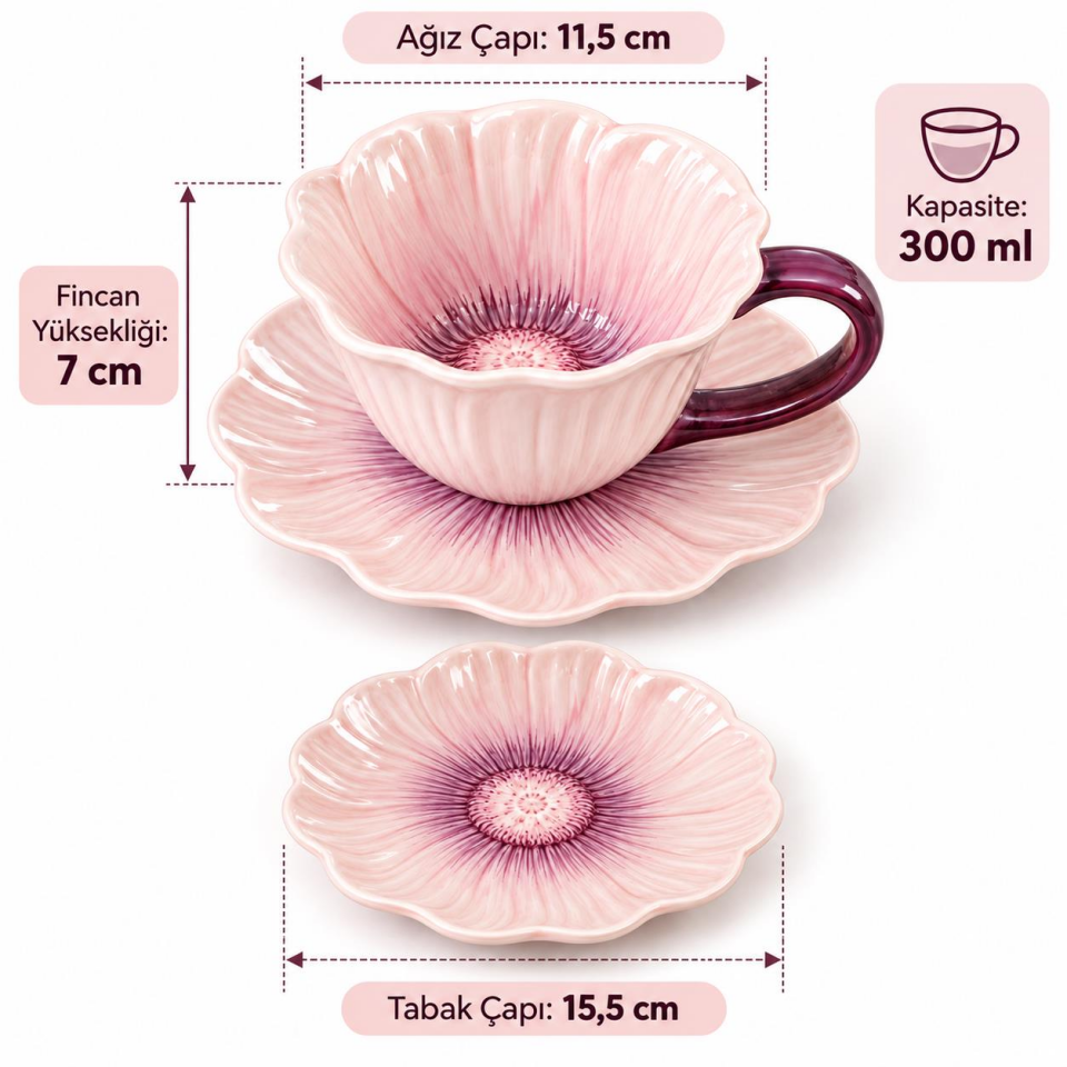 Valkyrie Gelincik Serisi Çiçek Tasarımlı Fincan ve Tabak Seti 350 ml Dekoratif Kahve Çay Fincanı pmb