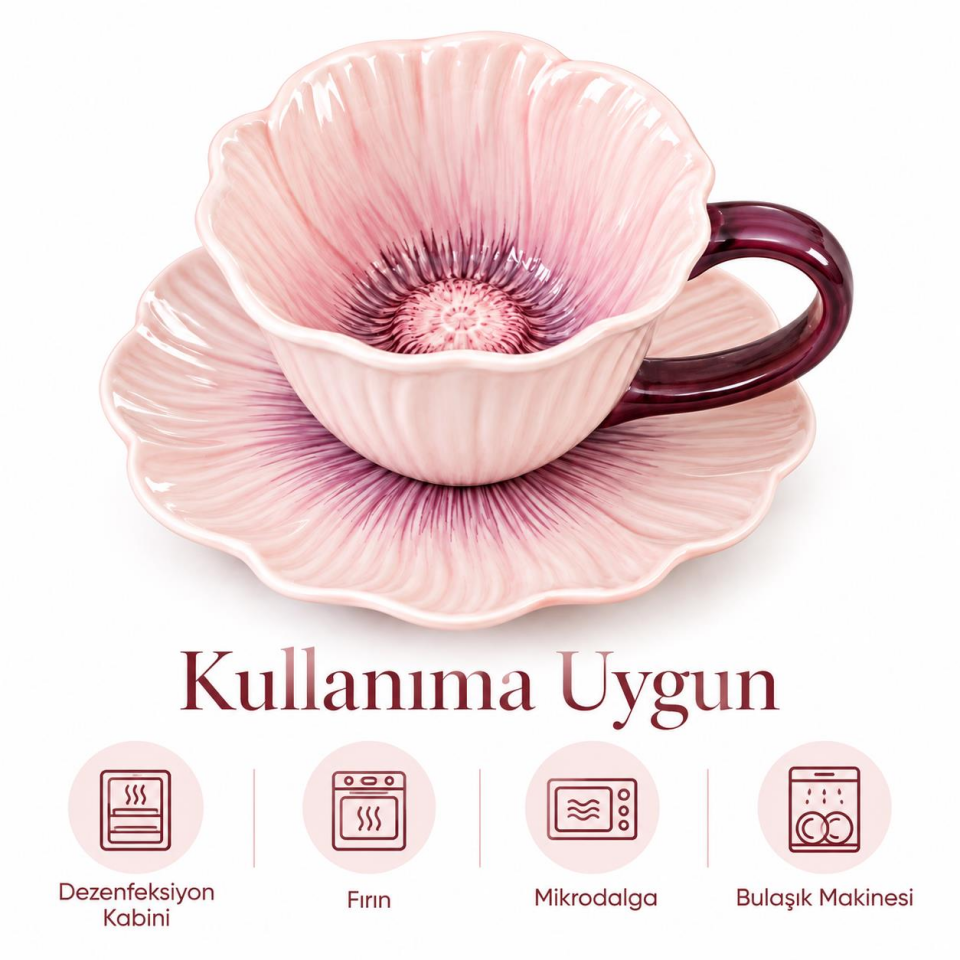 Valkyrie Gelincik Serisi Çiçek Tasarımlı Fincan ve Tabak Seti 350 ml Dekoratif Kahve Çay Fincanı pmb