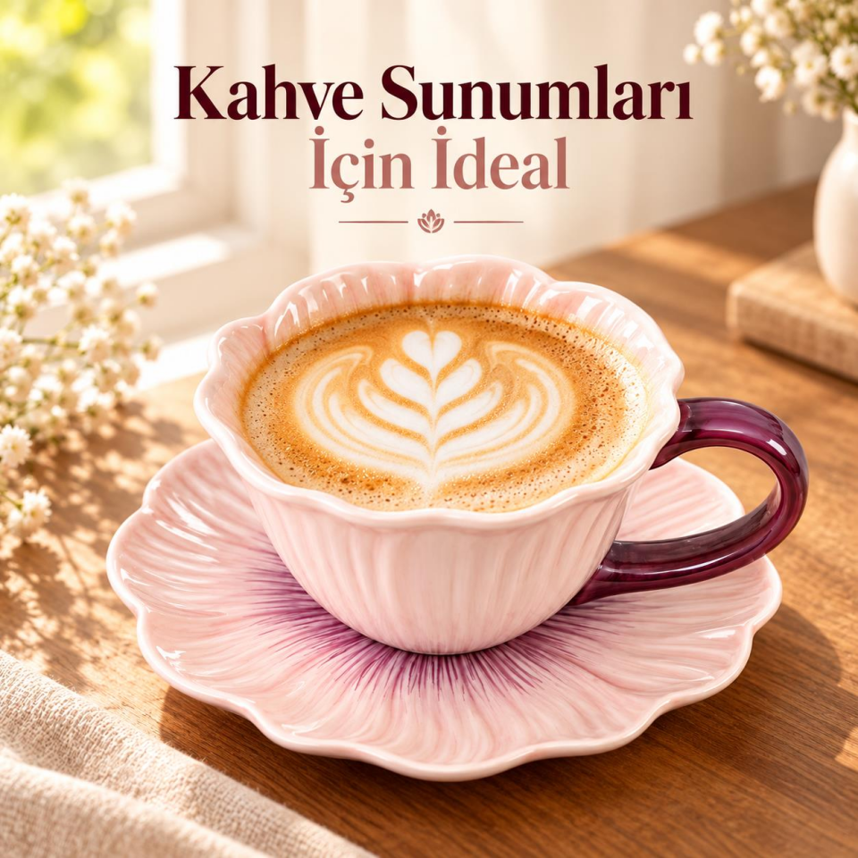 Valkyrie Gelincik Serisi Çiçek Tasarımlı Fincan ve Tabak Seti 350 ml Dekoratif Kahve Çay Fincanı pmb