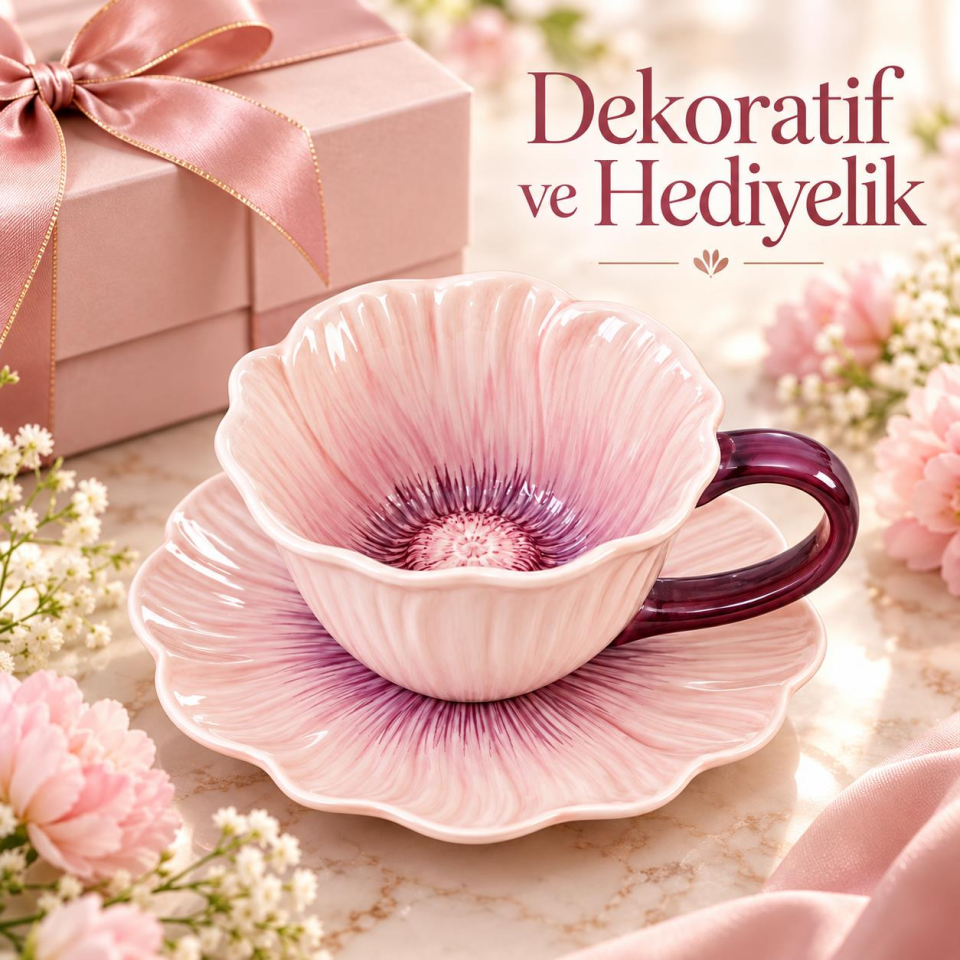 Valkyrie Gelincik Serisi Çiçek Tasarımlı Fincan ve Tabak Seti 350 ml Dekoratif Kahve Çay Fincanı pmb