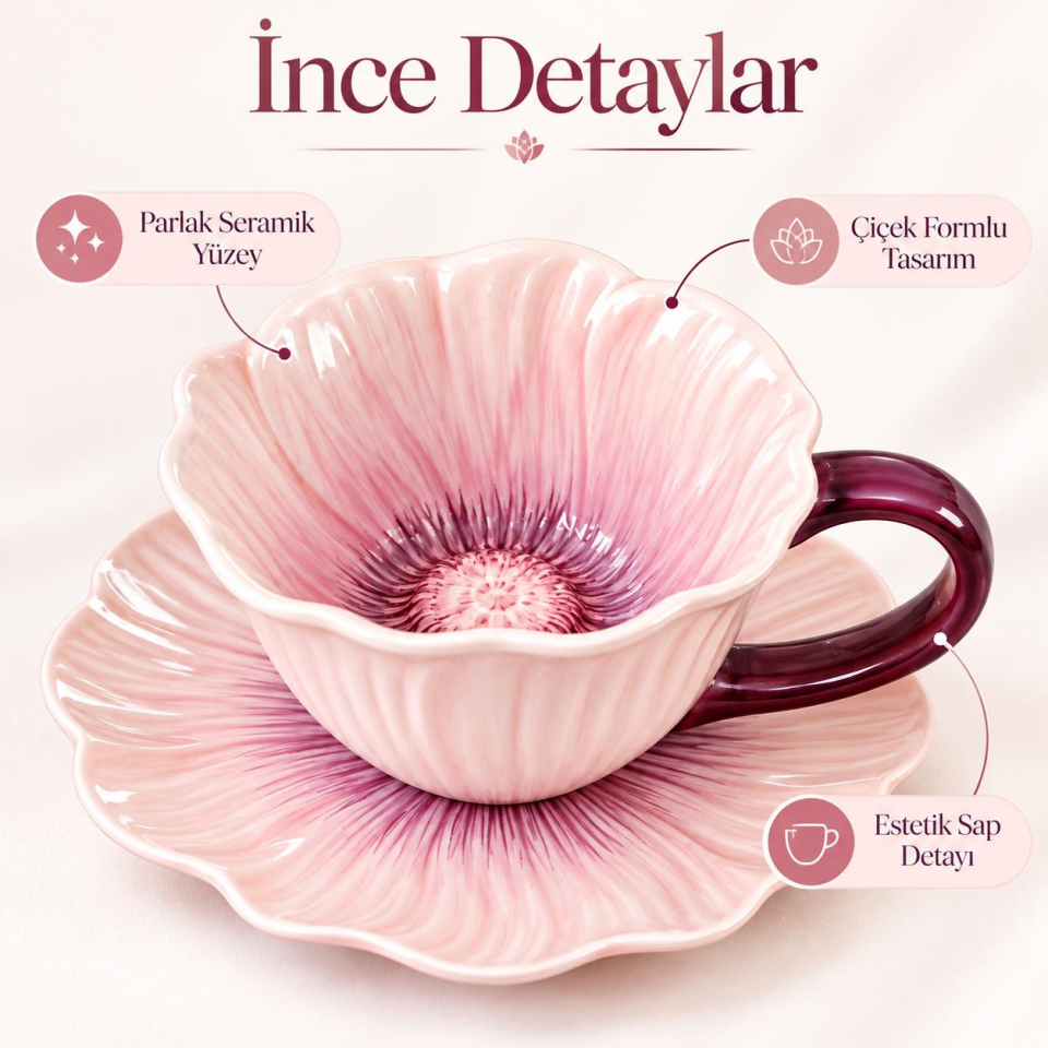 Valkyrie Gelincik Serisi Çiçek Tasarımlı Fincan ve Tabak Seti 350 ml Dekoratif Kahve Çay Fincanı pmb
