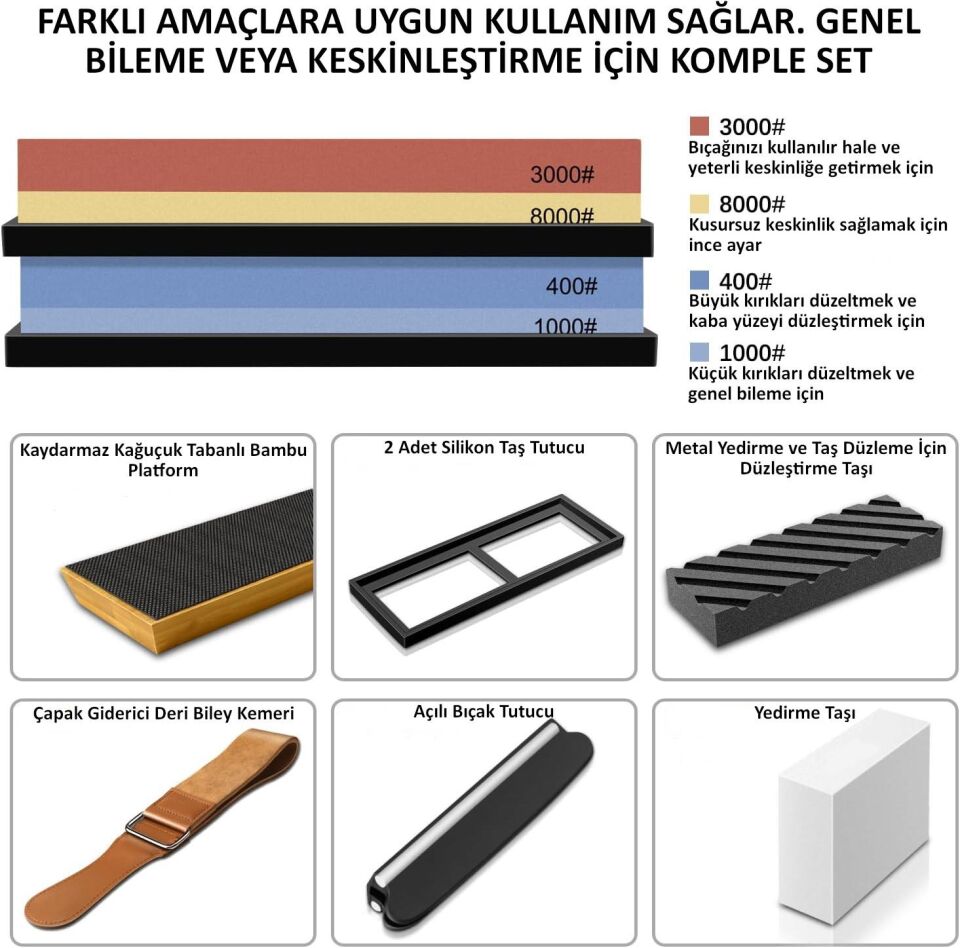 Valkyrie 7 Parça Profesyonel Bıçak Bileme Seti 4 Taraflı Biley Taşı 400 1000 3000 8000 1. Kalite Sulu Bileme 1. Kalite