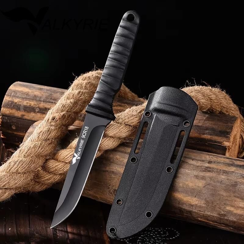 Valkyrie 9CR18 Soğuk Çelik Boyun Askılı Kılıflı Kamp Av Bıçağı Paslanmaz Çelik Siyah