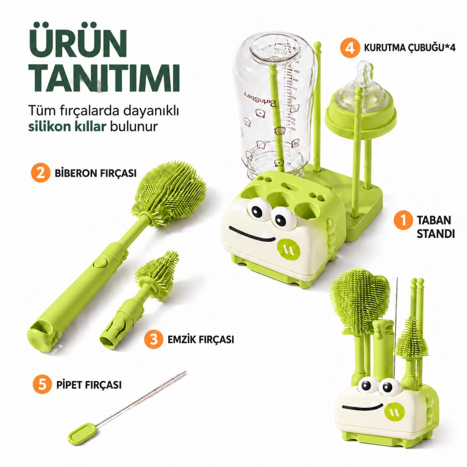 Valkyrie 8 Parça Silikon Biberon Temizleme Fırça Seti Kurutma Standlı Emzik Pipet Şişe Beyaz