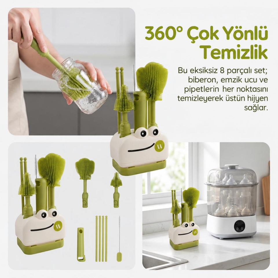 Valkyrie 8 Parça Silikon Biberon Temizleme Fırça Seti Kurutma Standlı Emzik Pipet Şişe Beyaz