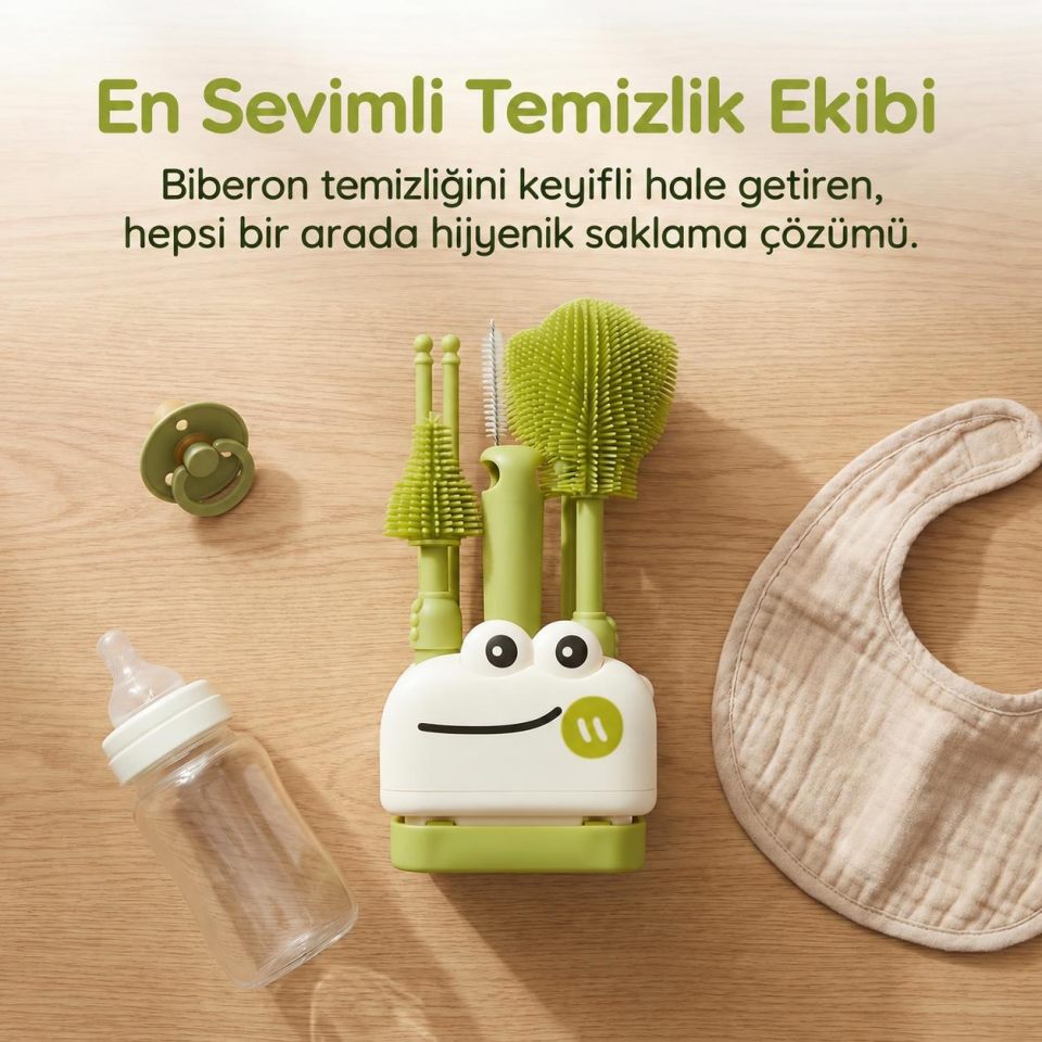 Valkyrie 8 Parça Silikon Biberon Temizleme Fırça Seti Kurutma Standlı Emzik Pipet Şişe Beyaz