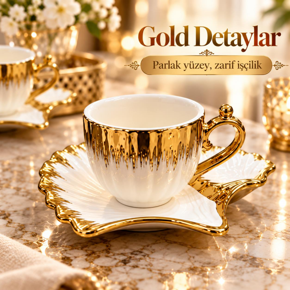 Valkyrie Midye Serisi 6 Kişilik 12 Parça Gold Detaylı Porselen Türk Kahvesi Fincan Seti Özel Tasarım