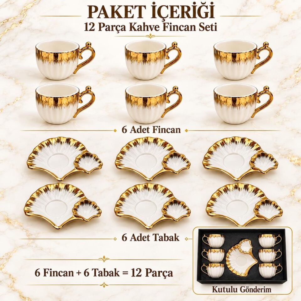 Valkyrie Midye Serisi 6 Kişilik 12 Parça Gold Detaylı Porselen Türk Kahvesi Fincan Seti Özel Tasarım