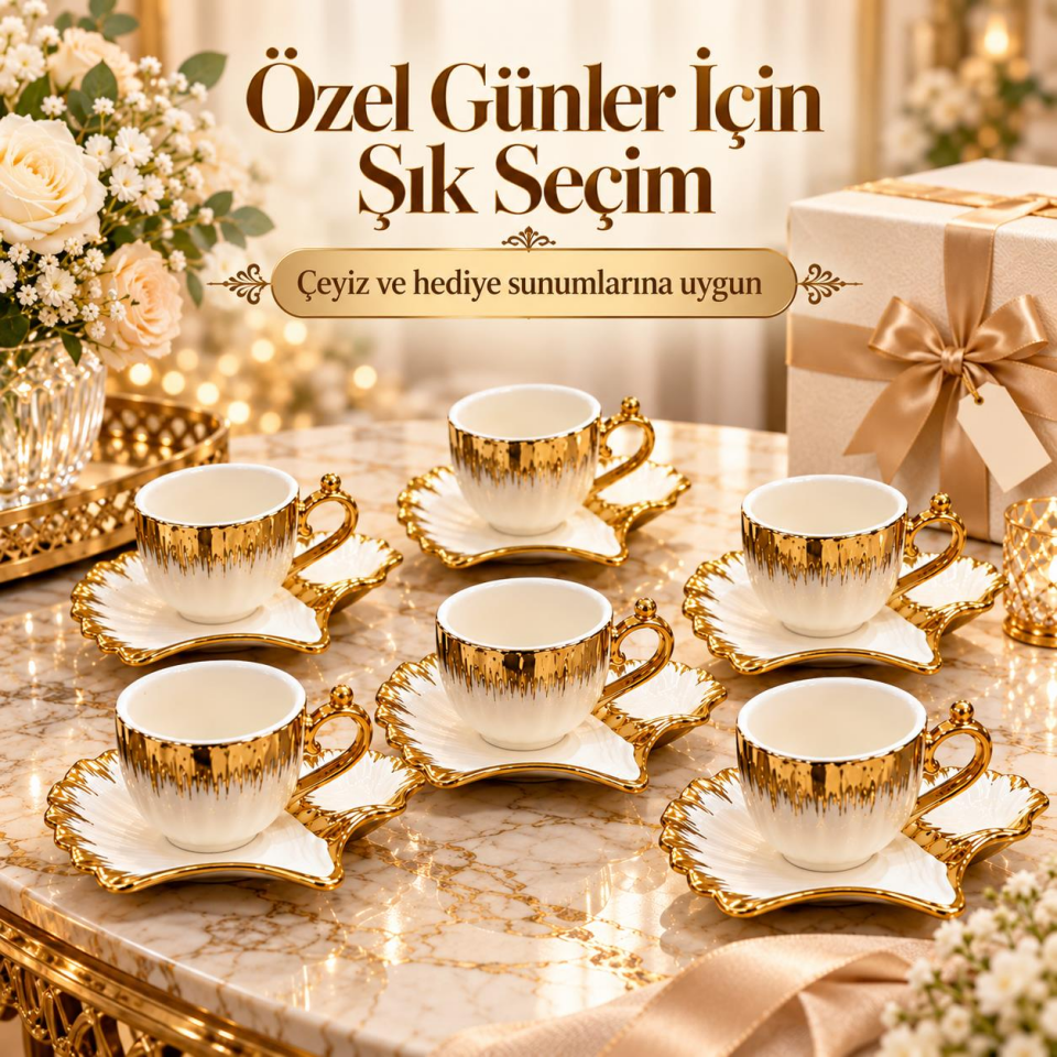 Valkyrie Midye Serisi 6 Kişilik 12 Parça Gold Detaylı Porselen Türk Kahvesi Fincan Seti Özel Tasarım