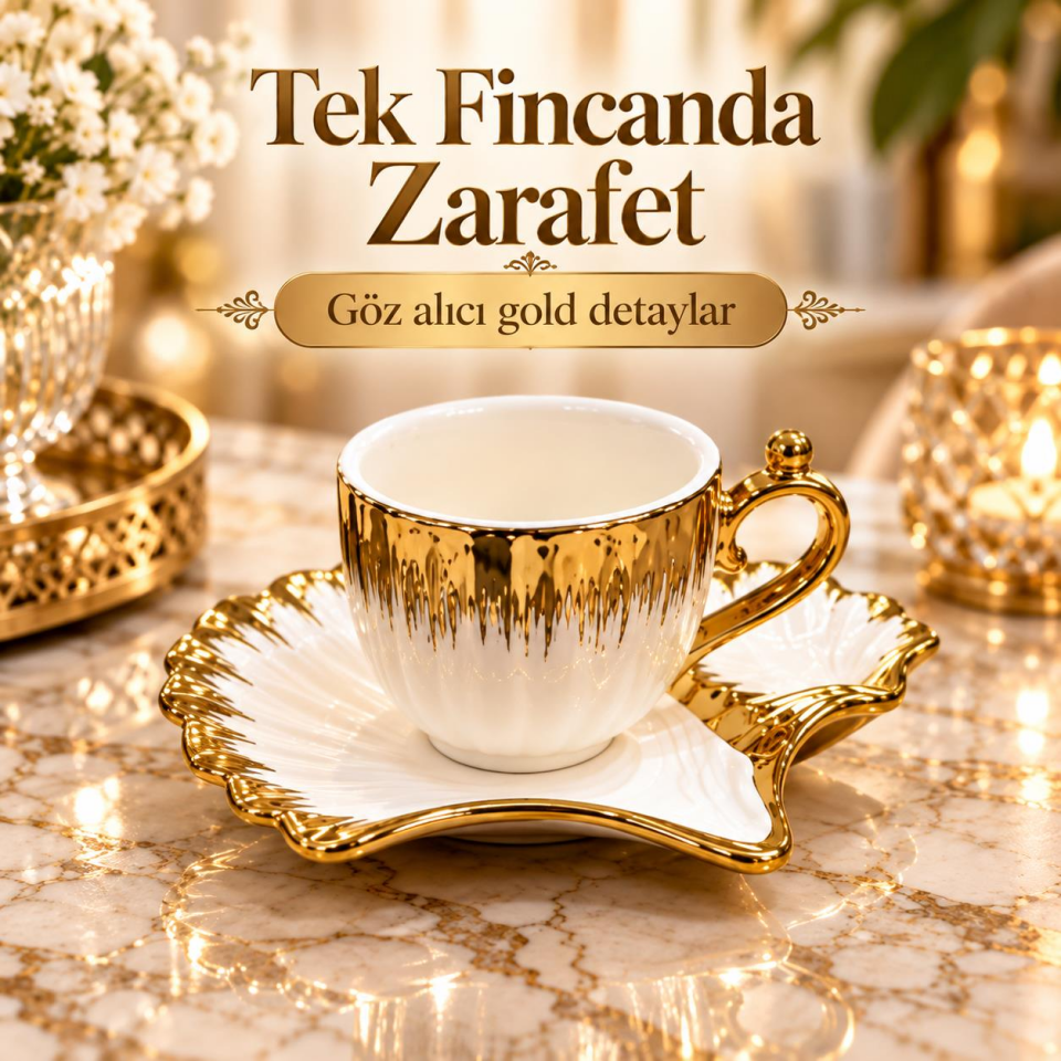 Valkyrie Midye Serisi 6 Kişilik 12 Parça Gold Detaylı Porselen Türk Kahvesi Fincan Seti Özel Tasarım