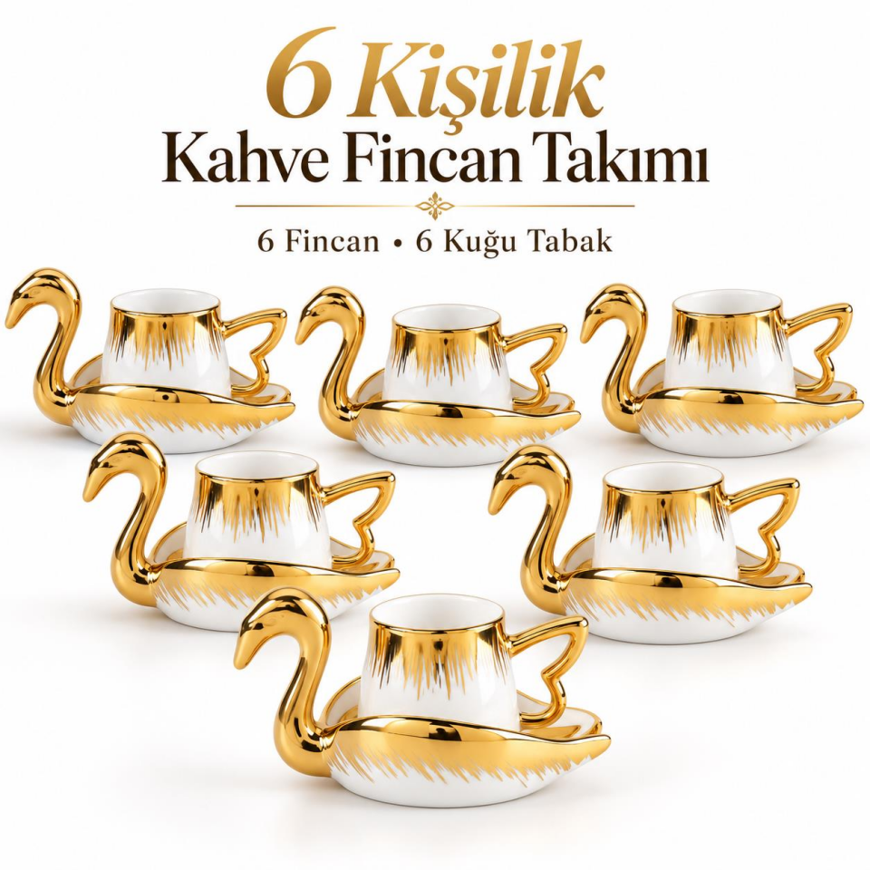 Valkyrie Kuğu Serisi 6 Kişilik 12 Parça Gold Kuğu Tasarımlı Türk Kahvesi Fincan Takımı Hediyelik Set
