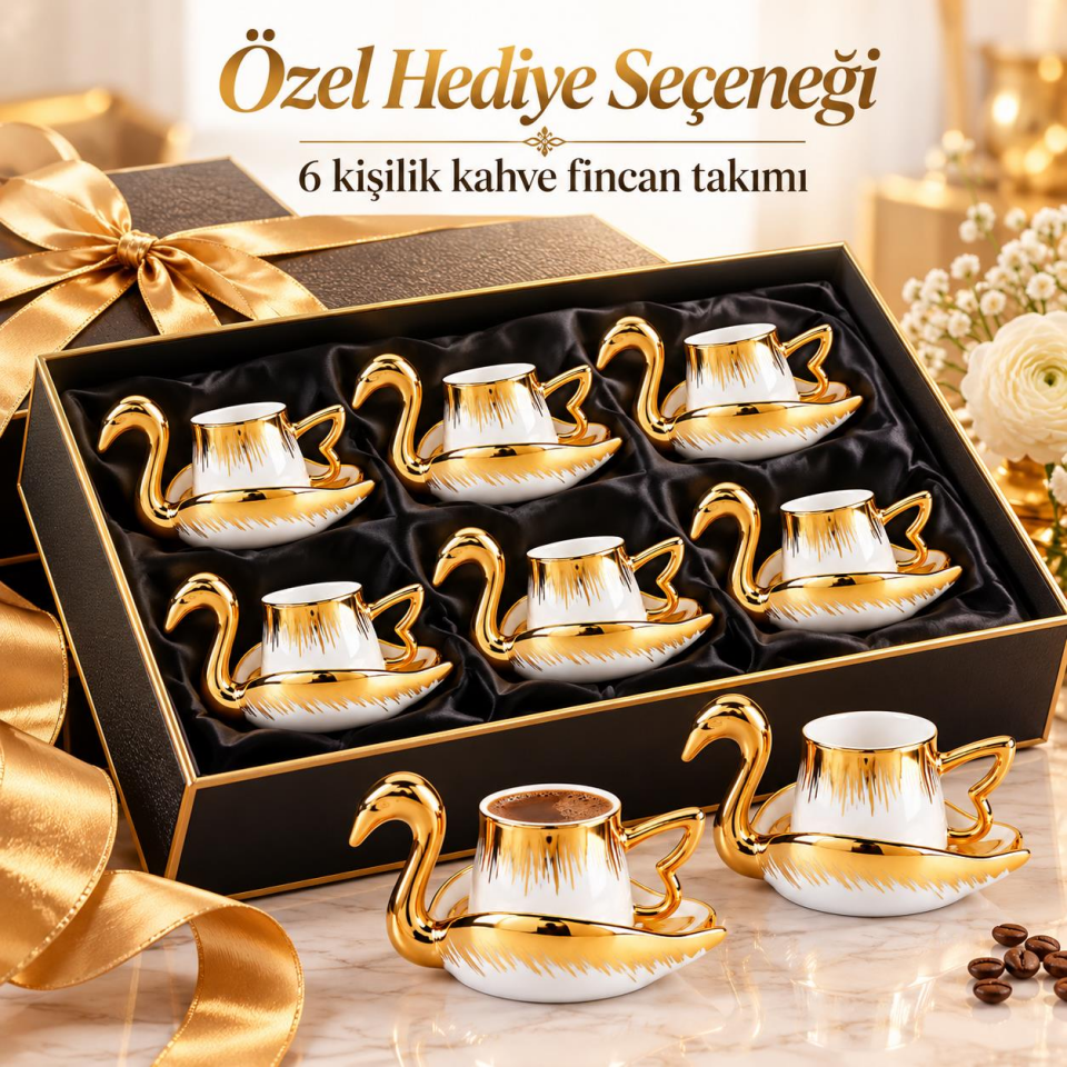 Valkyrie Kuğu Serisi 6 Kişilik 12 Parça Gold Kuğu Tasarımlı Türk Kahvesi Fincan Takımı Hediyelik Set
