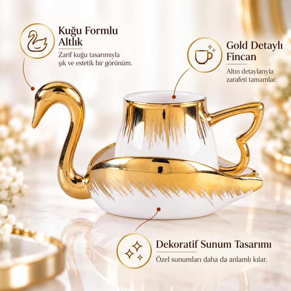 Valkyrie Kuğu Serisi 6 Kişilik 12 Parça Gold Kuğu Tasarımlı Türk Kahvesi Fincan Takımı Hediyelik Set