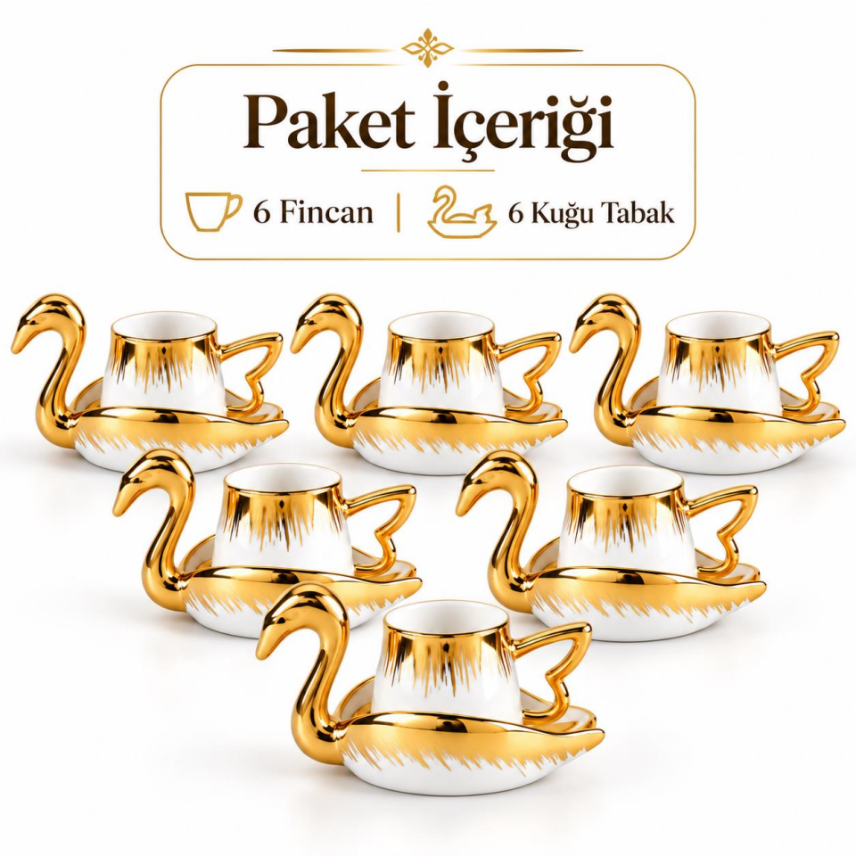 Valkyrie Kuğu Serisi 6 Kişilik 12 Parça Gold Kuğu Tasarımlı Türk Kahvesi Fincan Takımı Hediyelik Set