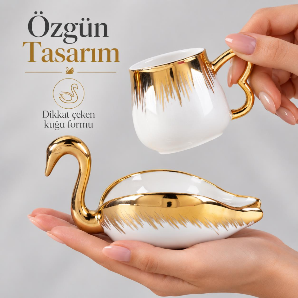 Valkyrie Kuğu Serisi 6 Kişilik 12 Parça Gold Kuğu Tasarımlı Türk Kahvesi Fincan Takımı Hediyelik Set