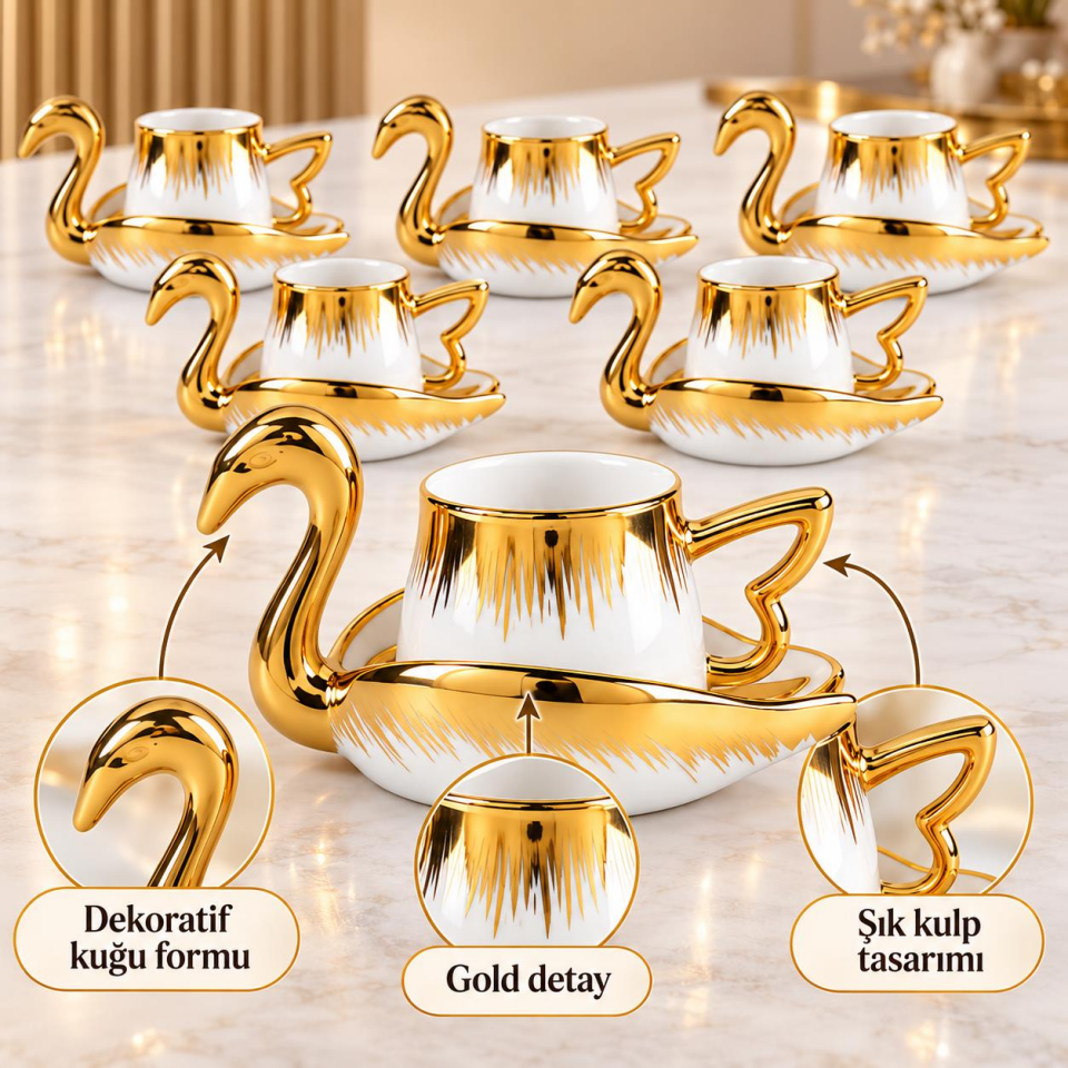Valkyrie Kuğu Serisi 6 Kişilik 12 Parça Gold Kuğu Tasarımlı Türk Kahvesi Fincan Takımı Hediyelik Set