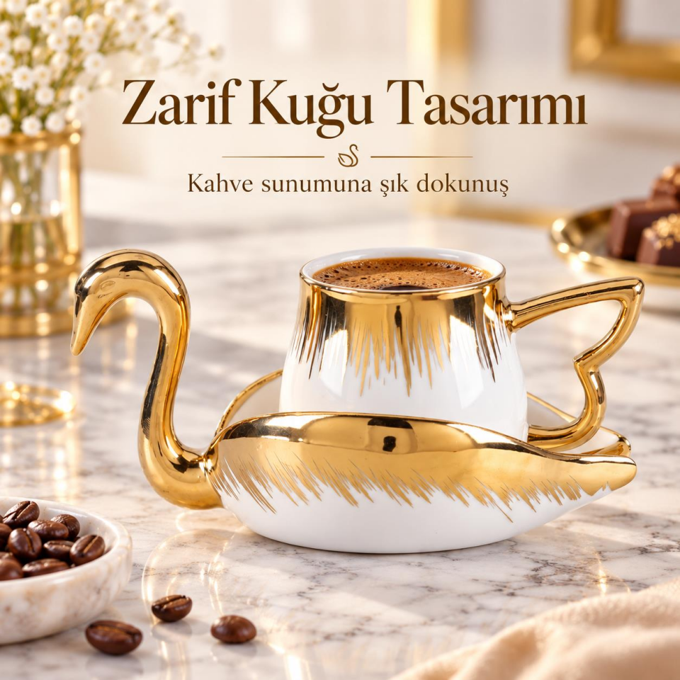 Valkyrie Kuğu Serisi 6 Kişilik 12 Parça Gold Kuğu Tasarımlı Türk Kahvesi Fincan Takımı Hediyelik Set