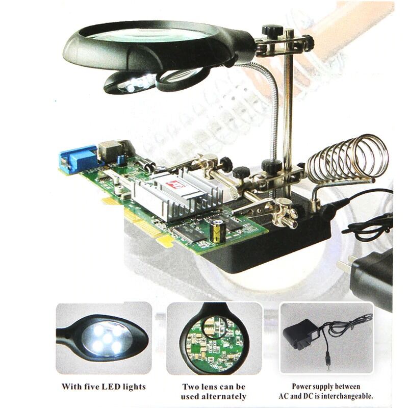 5 LED 3 Farklı Mercek Çok Fonksiyonlu Lehim Tamir Standı Büyüteç