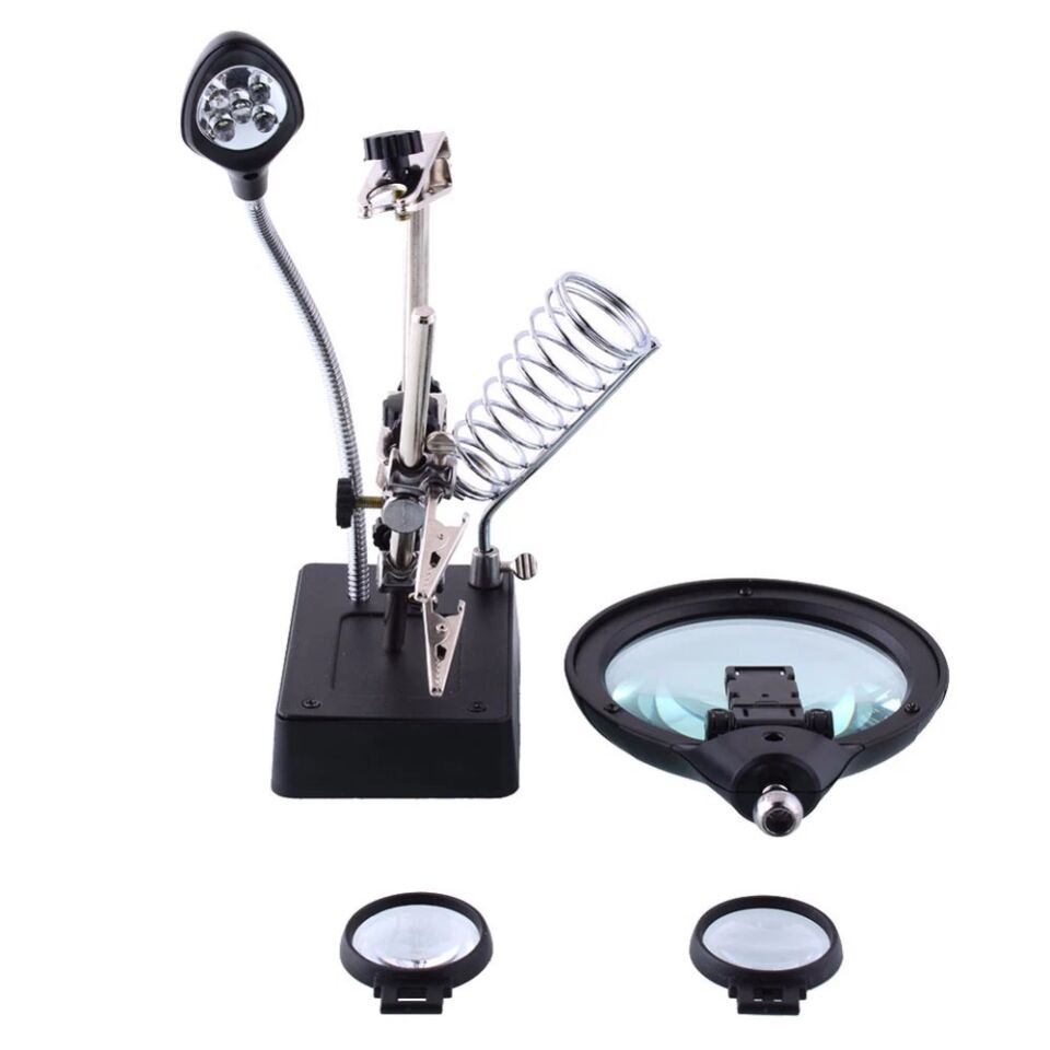 5 LED 3 Farklı Mercek Çok Fonksiyonlu Lehim Tamir Standı Büyüteç